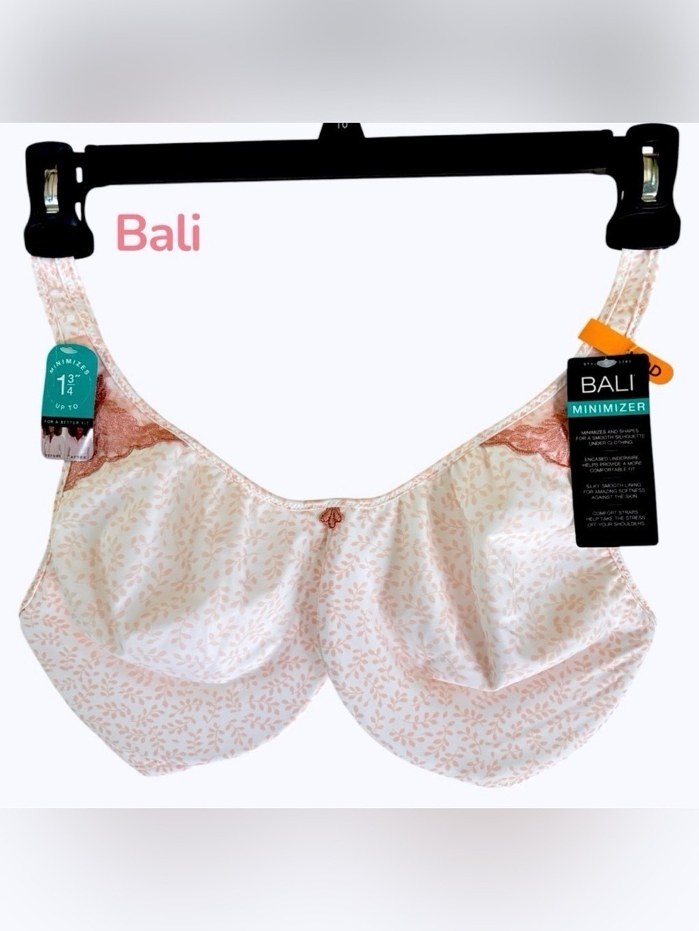 Bali-NWT 38DD minimizer bra. Pretty white/pink, underwire, comfort straps. New!